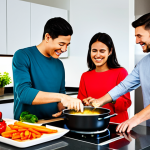 A diverse group of three adults, fully clothed in modest and comfortable home attire, collaboratively preparing a meal in a modern, brightly lit smart kitchen. One person is cheerfully interacting with an integrated digital display on a smart oven, which shows real-time cooking status. Another is expertly chopping colorful fresh vegetables on a sleek countertop, while the third is stirring a pot on an advanced induction cooktop. The scene radiates a joyful, relaxed, and efficient atmosphere of teamwork. Professional photography, high quality, perfect anatomy, correct proportions, natural poses, well-formed hands, proper finger count, safe for work, appropriate content, fully clothed, family-friendly.