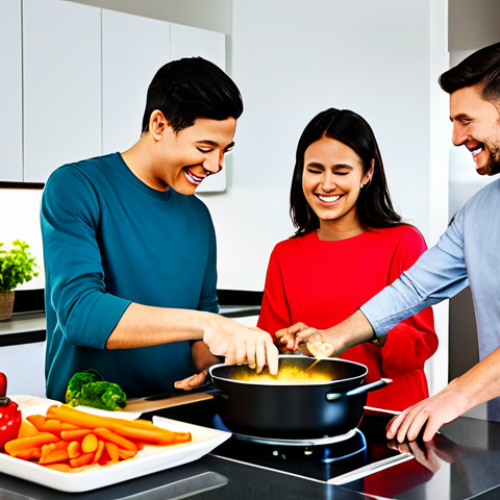 Home 4 A diverse group of three adults, fully clothed in modest and comfortable home attire, collaboratively preparing a meal in a modern, brightly lit smart kitchen. One person is cheerfully interacting with an integrated digital display on a smart oven, which shows real-time cooking status. Another is expertly chopping colorful fresh vegetables on a sleek countertop, while the third is stirring a pot on an advanced induction cooktop. The scene radiates a joyful, relaxed, and efficient atmosphere of teamwork. Professional photography, high quality, perfect anatomy, correct proportions, natural poses, well-formed hands, proper finger count, safe for work, appropriate content, fully clothed, family-friendly.