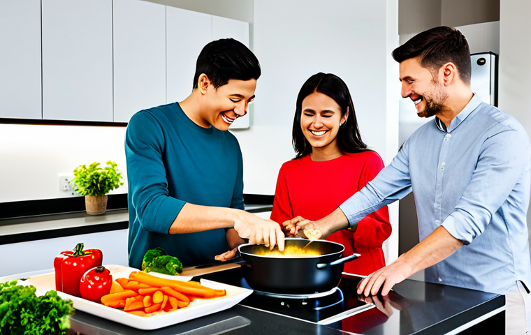 A diverse group of three adults, fully clothed in modest and comfortable home attire, collaboratively preparing a meal in a modern, brightly lit smart kitchen. One person is cheerfully interacting with an integrated digital display on a smart oven, which shows real-time cooking status. Another is expertly chopping colorful fresh vegetables on a sleek countertop, while the third is stirring a pot on an advanced induction cooktop. The scene radiates a joyful, relaxed, and efficient atmosphere of teamwork. Professional photography, high quality, perfect anatomy, correct proportions, natural poses, well-formed hands, proper finger count, safe for work, appropriate content, fully clothed, family-friendly.