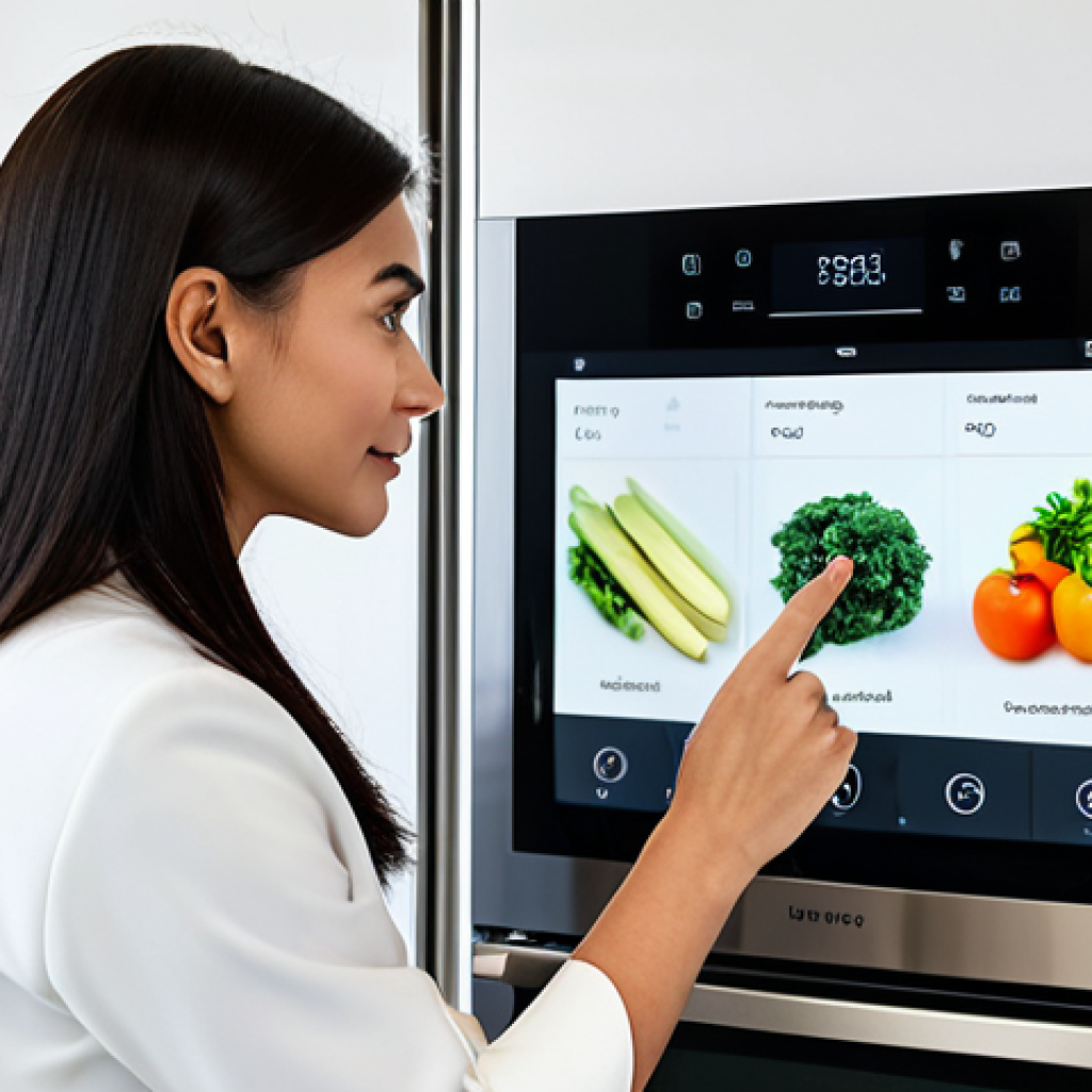 A sophisticated woman in a professional, fully clothed, modest attire, interacting with a sleek smart kitchen system. She is looking at a tablet integrated into a smart refrigerator, which displays internal camera views of groceries and an intelligently generated shopping list. A modern smart kitchen scale sits on the countertop next to fresh produce, connected to a recipe app. A futuristic smart oven glows subtly in the background. The kitchen design is minimalist and modern with clean lines and warm, inviting lighting. perfect anatomy, correct proportions, natural pose, well-formed hands, proper finger count, natural body proportions, professional photography, high quality, safe for work, appropriate content, fully clothed, professional.