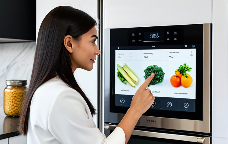 A sophisticated woman in a professional, fully clothed, modest attire, interacting with a sleek smart kitchen system. She is looking at a tablet integrated into a smart refrigerator, which displays internal camera views of groceries and an intelligently generated shopping list. A modern smart kitchen scale sits on the countertop next to fresh produce, connected to a recipe app. A futuristic smart oven glows subtly in the background. The kitchen design is minimalist and modern with clean lines and warm, inviting lighting. perfect anatomy, correct proportions, natural pose, well-formed hands, proper finger count, natural body proportions, professional photography, high quality, safe for work, appropriate content, fully clothed, professional.