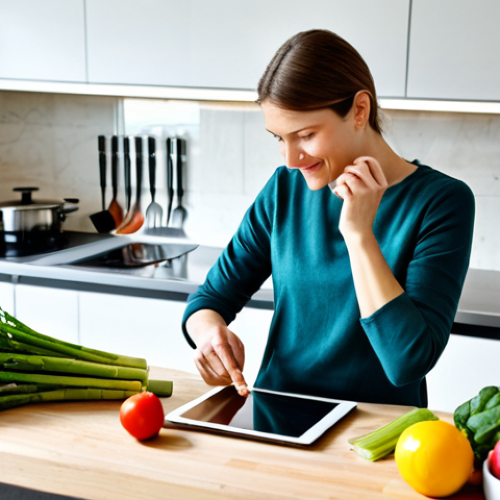 Modern Kitchen Scene**
"A bright, modern German kitchen. A person, fully clothed in appropriate attire, is using a tablet to follow a recipe. Ingredients are laid out on the counter: fresh, seasonal vegetables (like asparagus and rhubarb), herbs in pots, and high-quality cooking utensils. The overall scene conveys a sense of healthy eating and technological integration. Safe for work, appropriate content, professional photography, perfect anatomy, natural proportions, family-friendly."
**