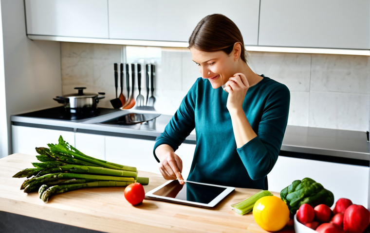 Modern Kitchen Scene**
"A bright, modern German kitchen. A person, fully clothed in appropriate attire, is using a tablet to follow a recipe. Ingredients are laid out on the counter: fresh, seasonal vegetables (like asparagus and rhubarb), herbs in pots, and high-quality cooking utensils. The overall scene conveys a sense of healthy eating and technological integration. Safe for work, appropriate content, professional photography, perfect anatomy, natural proportions, family-friendly."
**