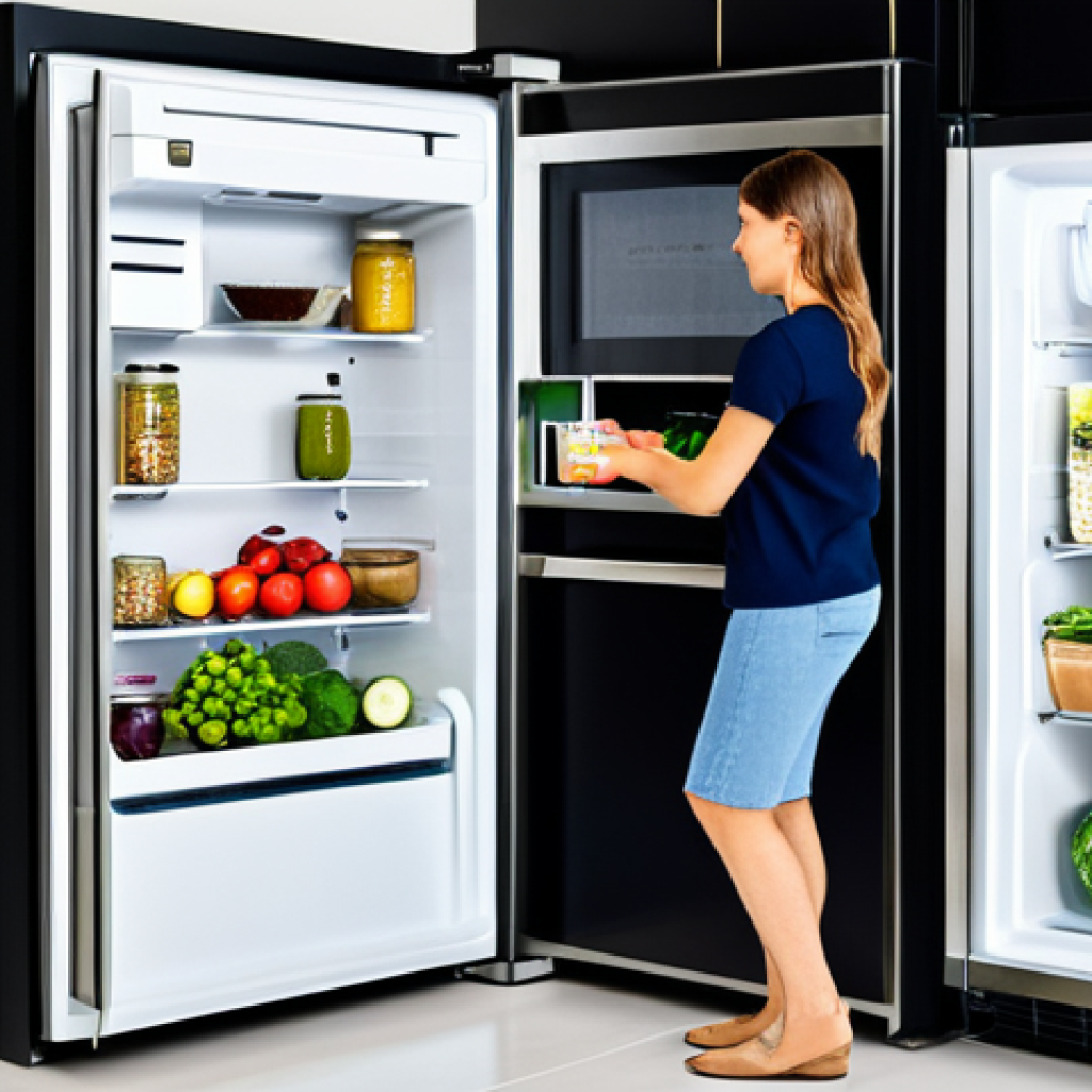 주방 자동화의 미래 전망 - Smart Fridge & Healthy Eating**
"A modern, minimalist kitchen featuring a sleek, intelligent refrig...