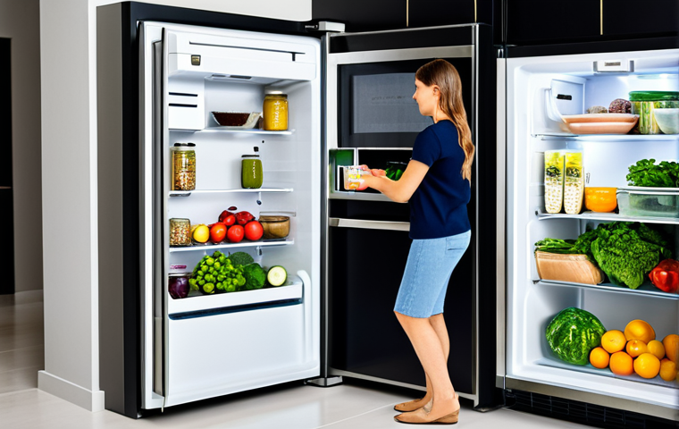 주방 자동화의 미래 전망 - Smart Fridge & Healthy Eating**
"A modern, minimalist kitchen featuring a sleek, intelligent refrig...