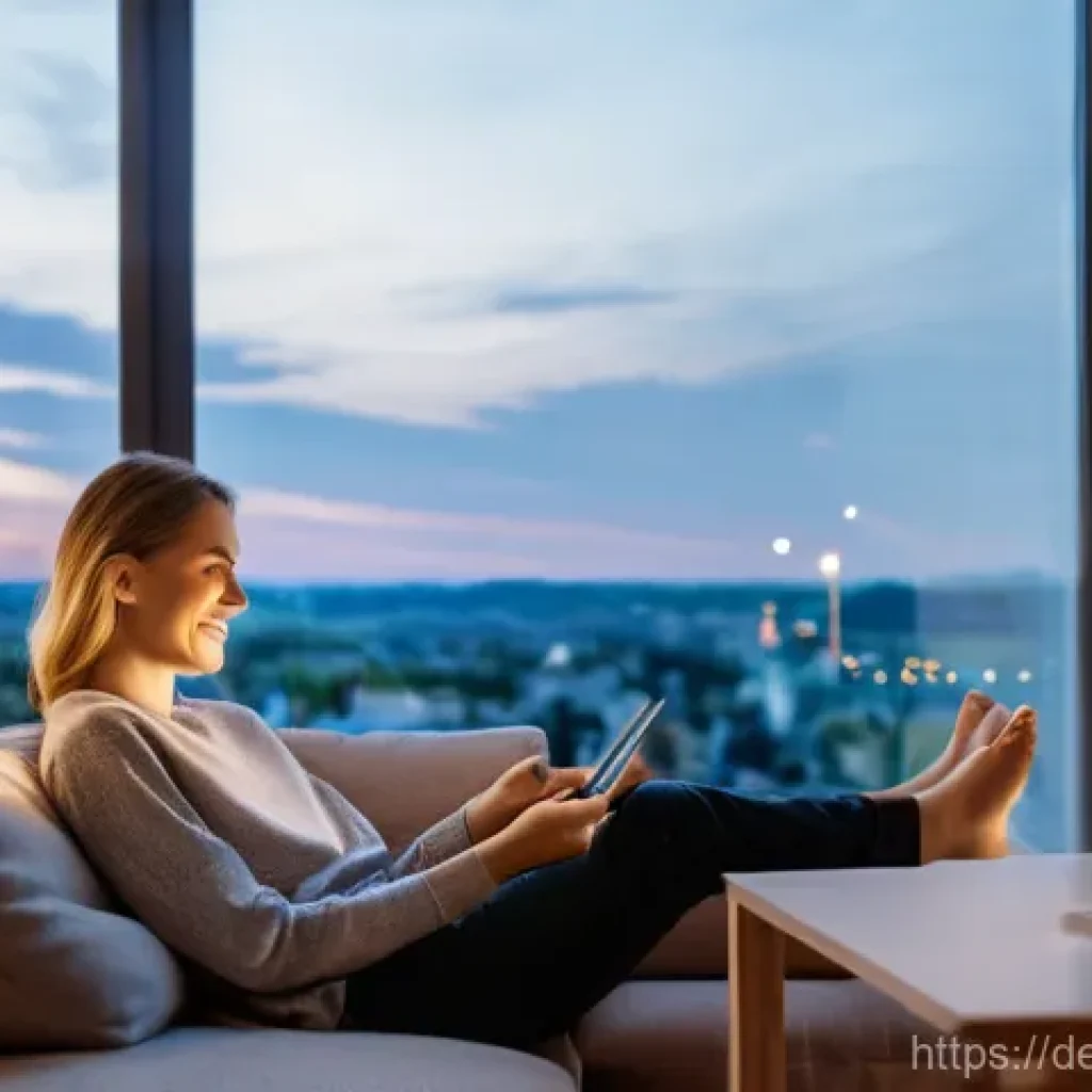 스마트 기기의 비용 대비 효과 - **Prompt:** A cozy, modern German living room with large windows showing a glimpse of a European cit...