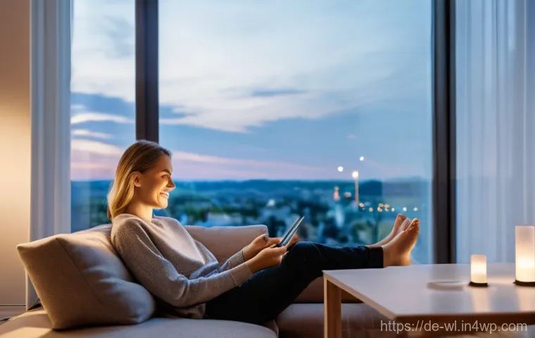 스마트 기기의 비용 대비 효과 - **Prompt:** A cozy, modern German living room with large windows showing a glimpse of a European cit...