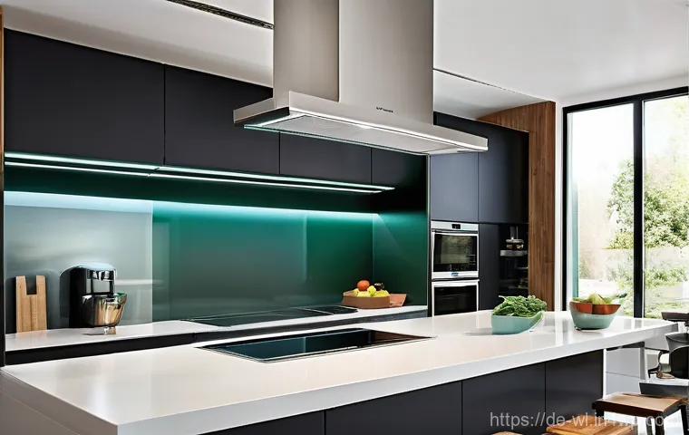 스마트 주방의 경쟁력 있는 기능 - **Prompt:** An elegant, contemporary kitchen at dusk, with warm ambient lighting. A sophisticated, A...