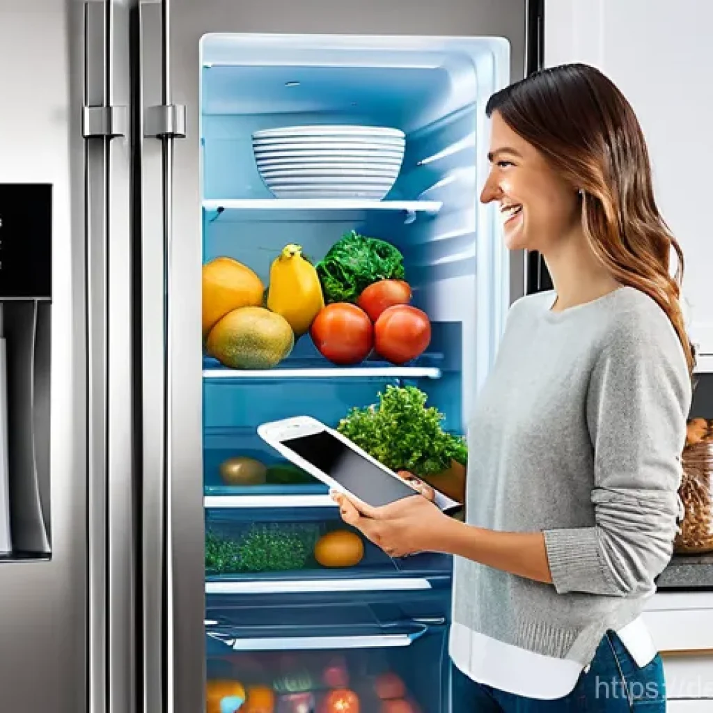 스마트 조리기구 비교 분석 - **Prompt 1: The Smart Refrigerator and Digital Shopping Manager**
    "A bright, modern German kitch...