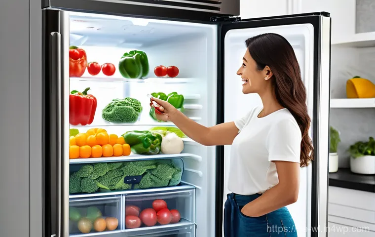 스마트 기기와 신선한 재료의 조화 - Image Prompt 1: The Connected Refrigerator and Mindful Shopping**