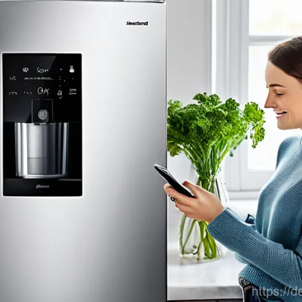 스마트 주방과 인공지능의 역할 - **Smart Refrigerator & Recipe Inspiration:**
"A young German woman, in her late 20s, with a frie...