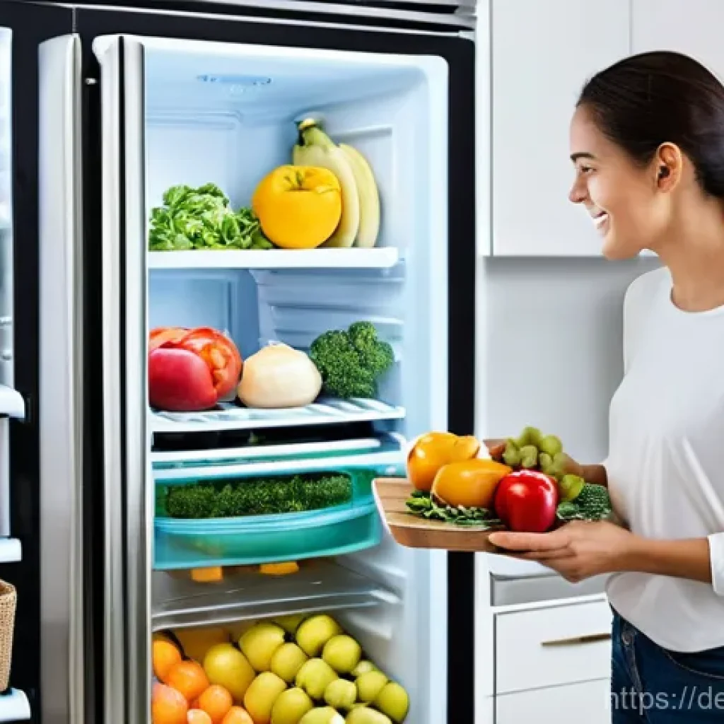 스마트 주방과 요리의 개인화 - A brightly lit, spacious modern kitchen with a minimalist aesthetic. A cheerful young woman, approxi...