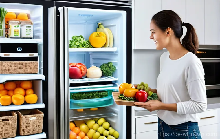 스마트 주방과 요리의 개인화 - A brightly lit, spacious modern kitchen with a minimalist aesthetic. A cheerful young woman, approxi...