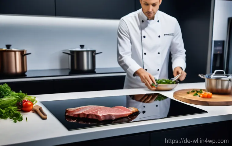 스마트 주방과 요리의 개인화 - A brightly lit, spacious modern kitchen with a minimalist aesthetic. A cheerful young woman, approxi...
