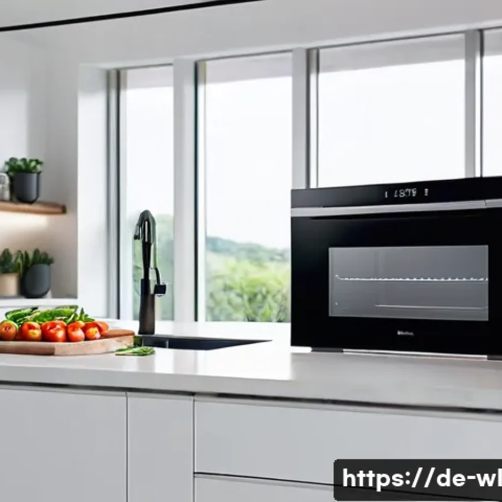스마트 주방과 메뉴 구성 - A modern German kitchen interior featuring a sleek smart oven with touchscreen and app control displ...