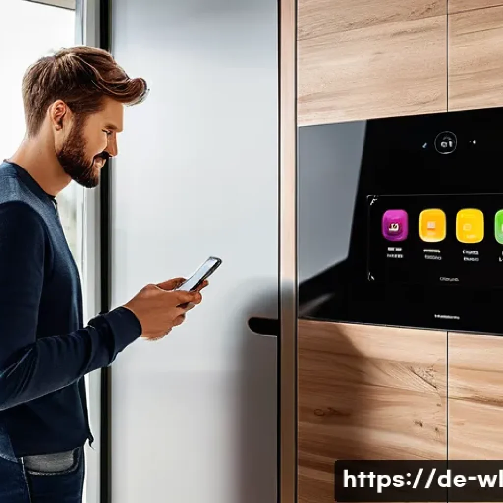 스마트 주방에서의 음식물 쓰레기 줄이기 - A modern German kitchen scene featuring a smart refrigerator with a transparent touchscreen display ...