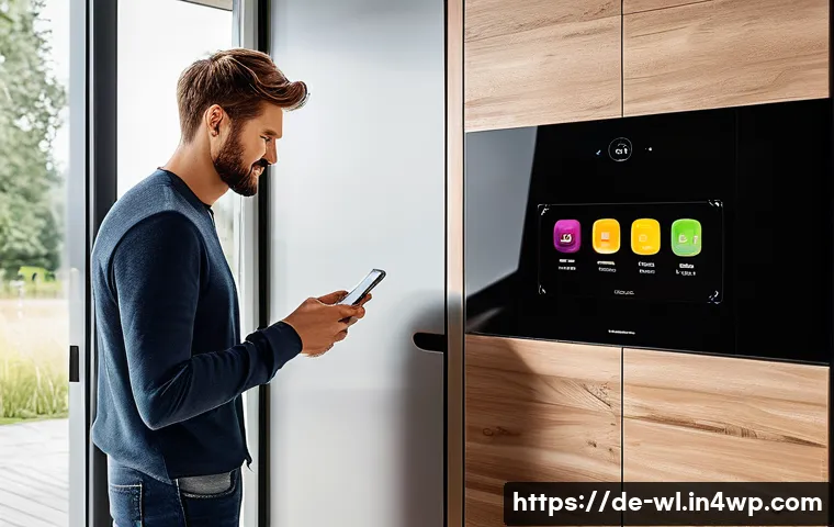 스마트 주방에서의 음식물 쓰레기 줄이기 - A modern German kitchen scene featuring a smart refrigerator with a transparent touchscreen display ...