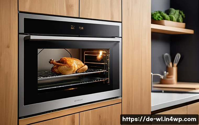 주방 IoT 기술 활용법 - A modern German kitchen interior featuring a sleek smart oven with a digital touchscreen panel displ...