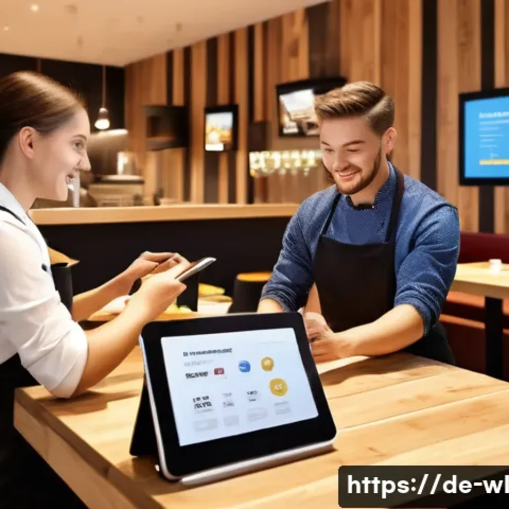스마트 주방을 활용한 외식 경험 - A modern German casual dining restaurant scene showing diverse customers using tablets and smartphon...