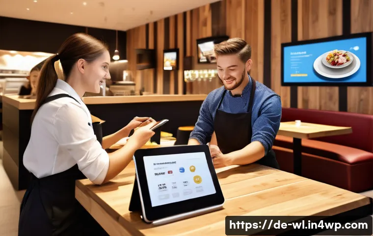 스마트 주방을 활용한 외식 경험 - A modern German casual dining restaurant scene showing diverse customers using tablets and smartphon...