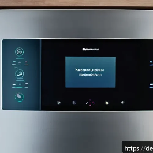 Home 32 스마트 주방과 주거 공간의 관계 - A modern German kitchen interior featuring a sleek, smart refrigerator with an integrated touchscree...