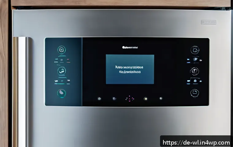 스마트 주방과 주거 공간의 관계 - A modern German kitchen interior featuring a sleek, smart refrigerator with an integrated touchscree...