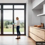 Home 18 스마트 주방 혁신의 사회적 영향 - A modern German kitchen interior showcasing smart kitchen appliances in use: a sleek connected oven ...