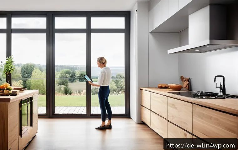 스마트 주방 혁신의 사회적 영향 - A modern German kitchen interior showcasing smart kitchen appliances in use: a sleek connected oven ...