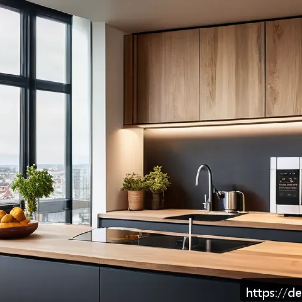 스마트 주방의 소비자 행동 분석 - A modern German kitchen interior featuring a sleek smart oven and connected coffee machine, both con...