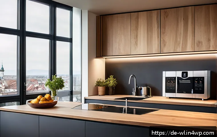 스마트 주방의 소비자 행동 분석 - A modern German kitchen interior featuring a sleek smart oven and connected coffee machine, both con...