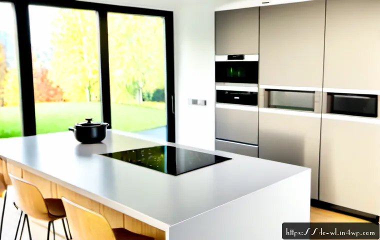 Home 30 스마트 주방 시스템 구축 방법 - Photorealistic modern German apartment kitchen with a smart home hub setup, middle-aged homeowner us...