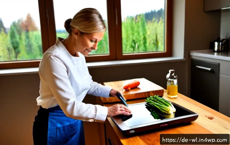 Home 17 스마트 주방에서의 요리 교육 - Photorealistic modern German smart kitchen during an interactive cooking lesson, a middle-aged woman...