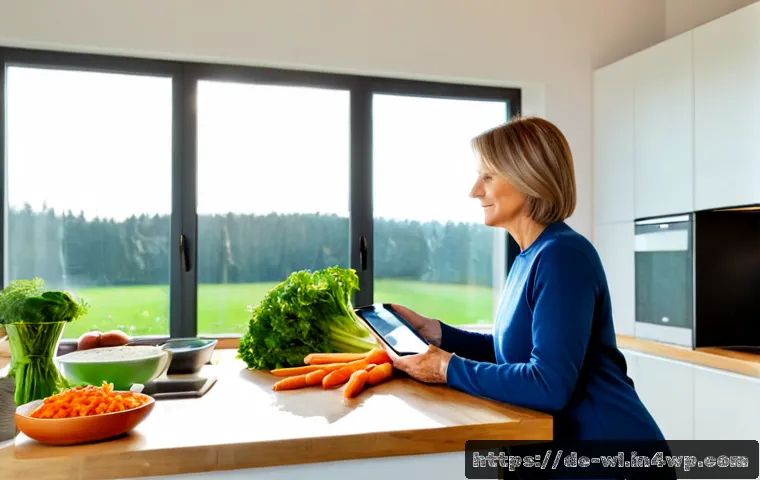 스마트 기기를 이용한 레시피 추천 - Photorealistic modern German home kitchen, a middle-aged woman using a sleek tablet on a wooden coun...