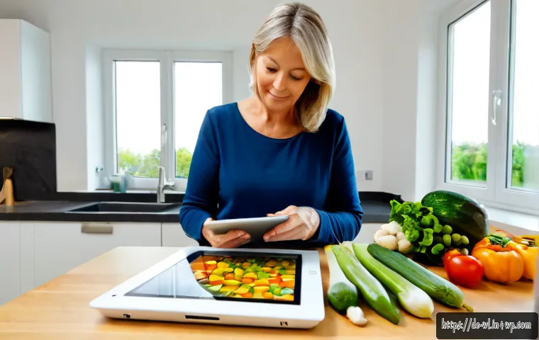 Home 30 주방에서의 AI 활용 예시 - Photorealistic bright modern German home kitchen, a middle-aged woman using a tablet with a clean ab...