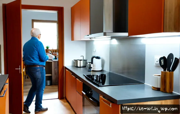 Home 17 스마트 주방에서의 화재 예방 - Photorealistic modern German apartment kitchen, induction cooktop automatically switched off beside ...