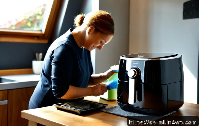 스마트 주방 기기 유지보수 팁 - Photorealistic modern German home kitchen, middle-aged homeowner carefully cleaning the removable fi...